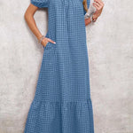 Women's Puff Sleeve Square Neck Check Maxi Dress