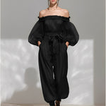 Women's Black Chiffon Crinkled  Set With Off-the-Shoulder Neckline & Ruffled Trim, Timeless Romantic-Edgy Style Set