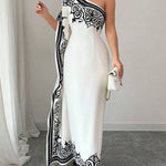 Batwing Sleeves Loose Asymmetric Elasticity Flower Print Pleated One-Shoulder Maxi Dresses