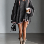 Women's Loose Hooded Pink Trimmed Knit Mini Dress