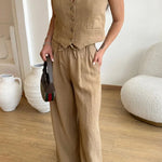 Casual Solid Color Cotton Linen Vest & Lace-Up Pants Two-Piece Set