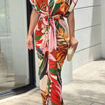 V-Neck Pleated Belt Short Sleeve Dress