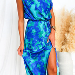 One Shoulder Tie Waist Slit Floral Print Maxi Dress