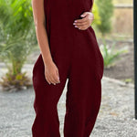 V-neck wide-leg pants suspenders solid color long jumpsuit