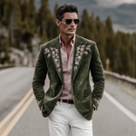 Men's Classic Retro Western Style Suede Embroidered Single-breasted Blazer