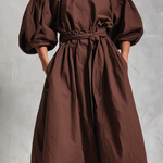Women's Elegant Brown Cotton And Linen Blend Round Neck Short-sleeved Loose-fitting Maxi Dress