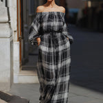 Elegant Off-the-Shoulder Plaid Maxi Dress