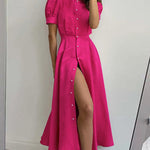 Puff Sleeves Short Sleeves Buttoned Solid Color Round-Neck Midi Dresses Shirt Dress