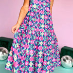 Sky Blue 60s Flower Split Neck Sleeveless Tiered Maxi Dress