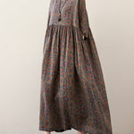 Vacation Loose Half Sleeves Floral Printed Pleated Round-Neck Midi Dresses