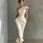 Women's Ivory Satin Fabric One-Shoulder Maxi Dress With Ruched Bodice