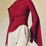 Flared Sleeves Long Sleeves Solid Color Zipper Boat Neck T-Shirts Tops