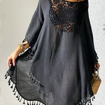 Batwing Sleeves Loose Hollow Solid Color Sun Protection Tasseled Round-Neck Cover-Ups Tops Midi Dresses