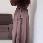 A-Line Long Sleeves Pleated Solid Color Tied Waist Zipper Mock Neck Maxi Dresses