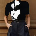 Short Sleeves Skinny Flower Print Stand Collar T-Shirts Tops