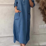 Women's Cotton and Linen Solid Color Casual Lapel Pocket Long Dress