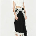 Verve Twisted Drape Across Tee Chiffon Lace Trim Hem Maxi Dress