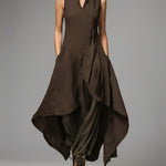 Women's Dark Brown Linen Dress  With High-Low Hem & Side Pockets, Timeless Avant-Garde-Casual Style Dress