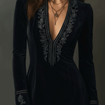 Retro Black Velvet Embroidered Lace Trim Mini Dress