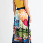 Seaside Holiday Satin Unique Print Knotted Scarf Top and Elastic Waist Loose Maxi Skirt Set