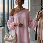 Long Sleeves Loose Solid Color Split-Joint One-shoulder Mini Dresses