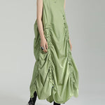 Loose Sleeveless Asymmetric Elasticity Pleated Solid Color Round-Neck Midi Dresses