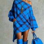 Long Sleeves Puff Sleeves Asymmetric Contrast Color Plaid Pleated One-Shoulder Mini Dresses