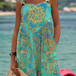Ursime Swimwear Retro Ethnic Pattern Pocket Overall Jumpsuit