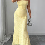 Bodycon Irregularity Lacy Pleated Solid Color Split-Joint Tube Maxi Dresses