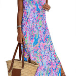 Purple Fluorescent Printed Round Neck Sleeveless Maxi Dress
