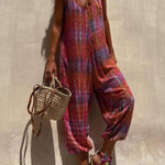 V-neck Printed Loose Lace-up Jumpsuit