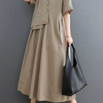 Loose Short Sleeves Pleated Solid Color Split-Joint V-Neck Midi Dresses