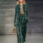 Retro And Fashionable Green Plaid Velvet Blazer High Waist Wide Leg Pants Set