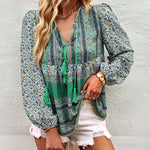 Zeagoo Zeagoo Casual Boho V Neck Top Loose Floral Print Long Sleeve Beach Shirt
