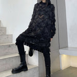 Irregularity Long Sleeves Asymmetric Mesh Pockets See-Through Solid Color Split-Joint Tasseled Stand Collar Midi Dresses