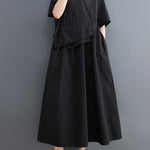 Loose Short Sleeves Pleated Solid Color Split-Joint V-Neck Midi Dresses