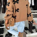 Vernie Knit Jewelry Pendant Bow Pattern Front Tie-up Long Sleeve Loose Cardigan
