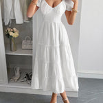 A-Line Loose Backless Pleated Solid Color Tied V-Neck Midi Dresses