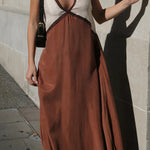 Loose Sleeveless Contrast Color Split-Joint Deep V-Neck Maxi Dresses