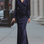 High Waisted Long Sleeves Pleated Solid Color Split-Side Notched Collar Maxi Dresses