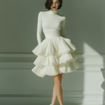 Women's White Stretch Knit Fabric Turtleneck Long-Sleeve Top & Chiffon Tiered Pleated Mini Skirt Set