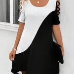 A-Line Loose Contrast Color Hollow Mesh Split-Joint Cold Shoulder Mini Dresses