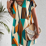 A-Line Loose Contrast Color Printed Zipper V-Neck Mini Dresses