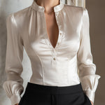Elegant Mandarin-Collar Button-Front Fitted Blouse