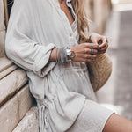Gray Rolled-Up Sleeve Buttoned Drawstring Textured Dress