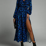 Vacation Loose Long Sleeves Split-Side Leopard V-Neck Midi Dresses