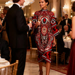 Flared Sleeves Long Sleeves Contrast Color Flower Print Geometric Split-Joint Round-Neck Midi Dresses