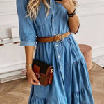 Ruffled Denim Button Midi Dress