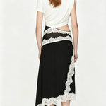 Verve Twisted Drape Across Tee Chiffon Lace Trim Hem Maxi Dress