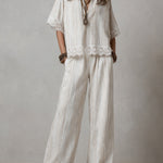 Chic Linen Striped Blouse & Straight-leg Pants Set With Lace Trim